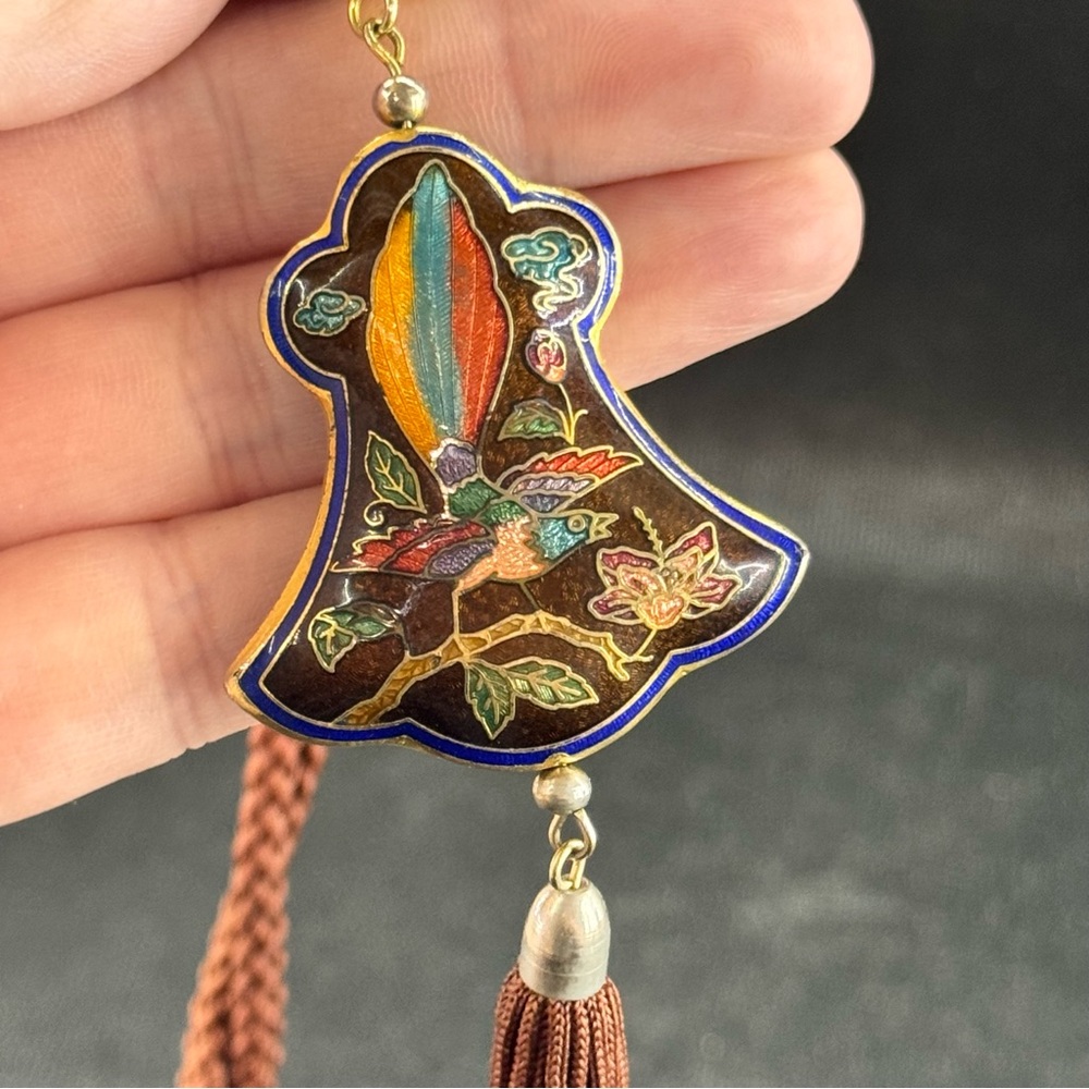 Vintage Cloisonné Necklace Bird Parrot Puffy Gold Tone 15”